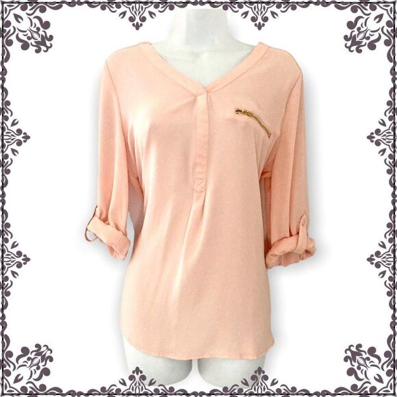 Roz & Ali M Women's V-Neck Chiffon Cuffed Sleeves Light Pink Blouse - Picture 1 of 12